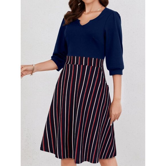 Womens 3/4 Sleeve Fit and Flare V Neck Pleated Fall Cocktail Dress with Pockets - Picture 4 of 5